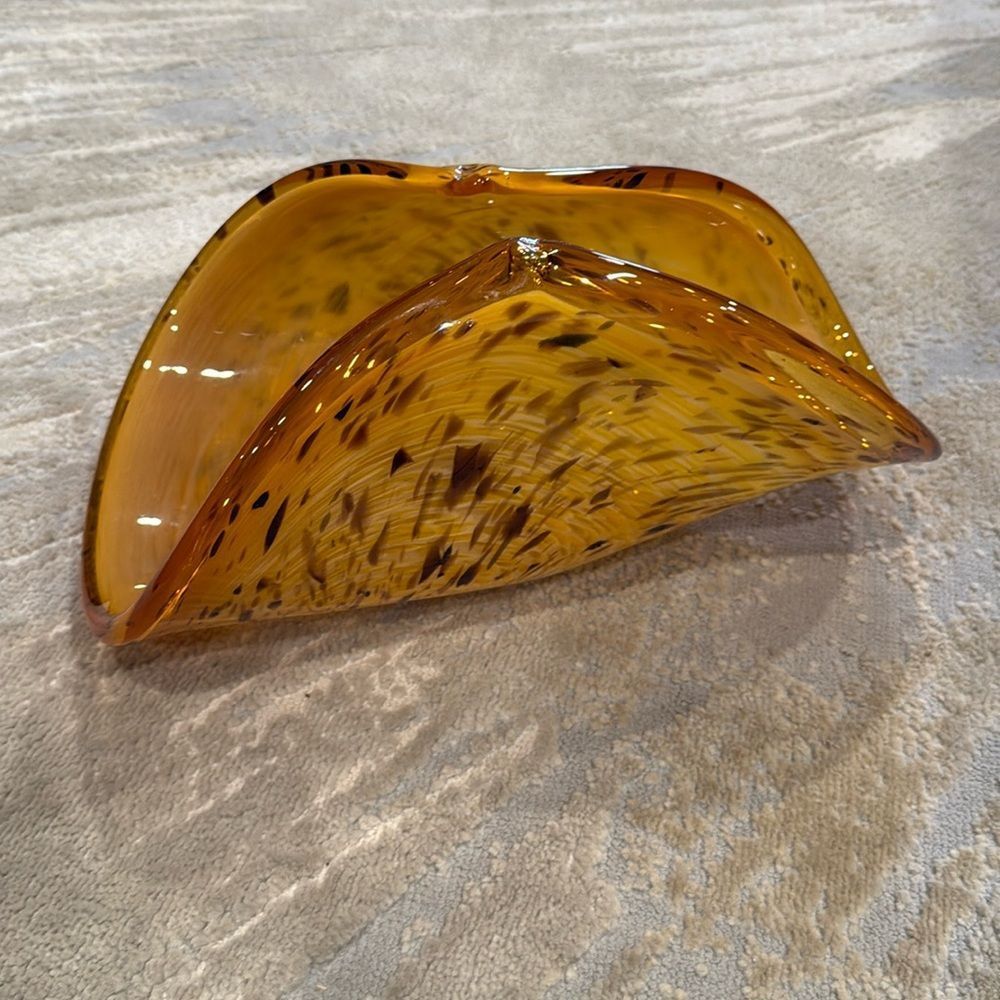 Vintage White Cristal crystal Murano Art Glass Folded Bowl Amber Made in Italy